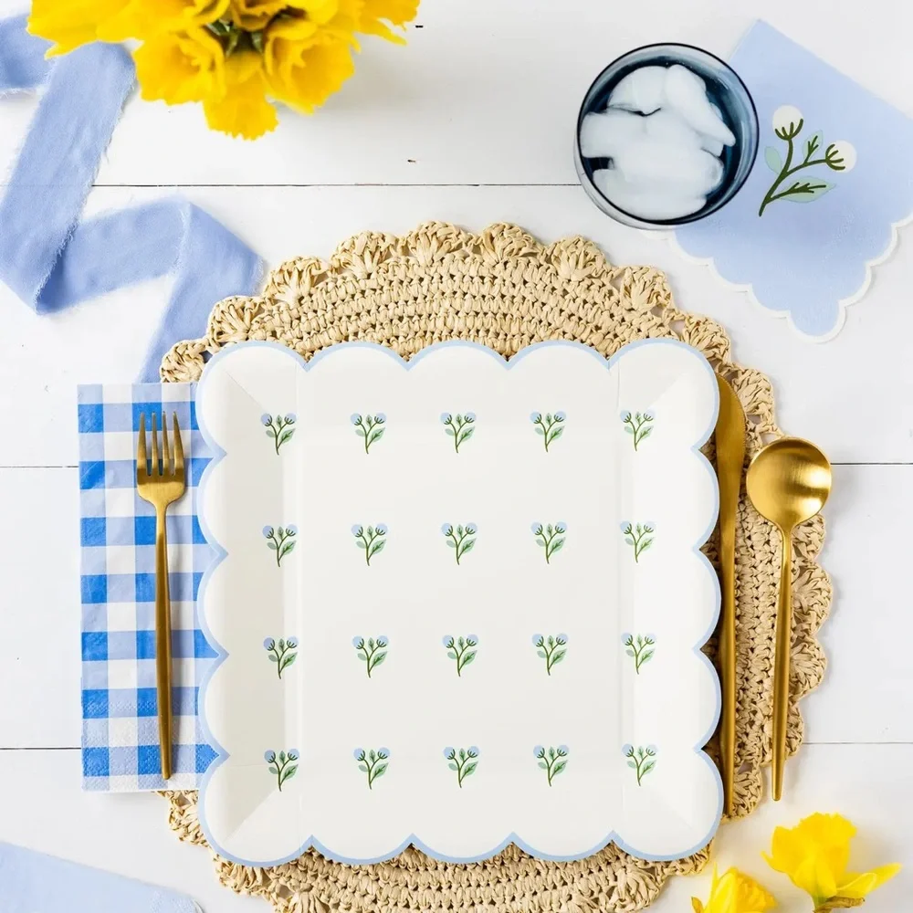My Mind’s Eye Blue Scallop Floral Cocktail Napkins Set of 4 NWT